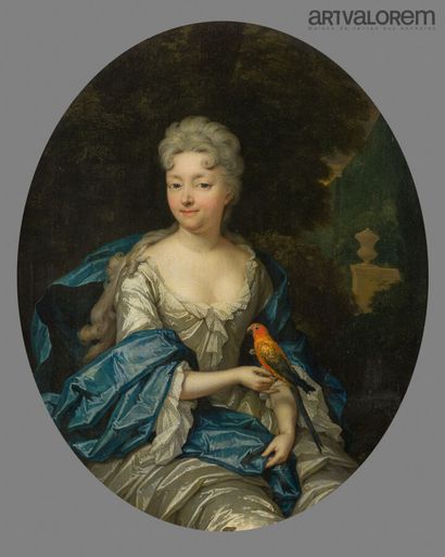null Attribué Constantin NETSCHER LA HAYE (1668-1723). 
Portrait de femme au perroquet,
Huile...