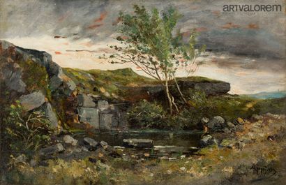 null Adolphe APPIAN (1818-1898)
Rochers sur l'étang de Frignon la vallée d'Amby,
Huile...