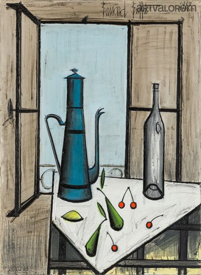 null Bernard BUFFET (1928-1999)
Fenêtre, cafetière, 1982
Huile sur toile.
Signée...