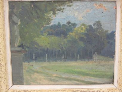 Attribuée à Albert Philibert "Statues dans un parc", huile sur panneau. 15.5 x 19...