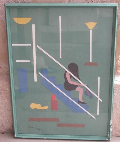 Sarah Stein "Jeune fille dans l'escalier vert", gouache et collage sur panneau cartonné,...