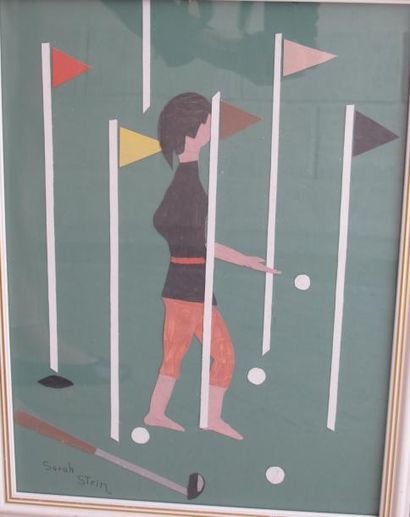 Sarah Stein "Enfant au golf", gouache et collage sur panneau d'isorel, signé en bas...