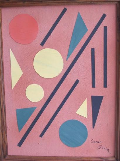 Sarah Stein Composition sur fond rose, gouache et collage sur papier contrecollé...