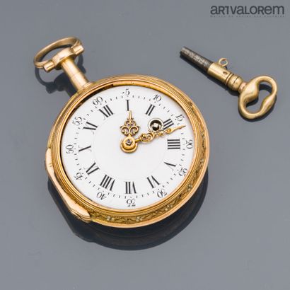 Yellow gold 750°/°° collar watch, white enameled...