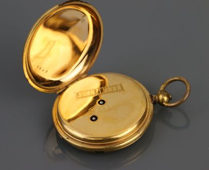 null Pocket watch in yellow gold 750°/°°, white enamel dial with Roman numeral hour...