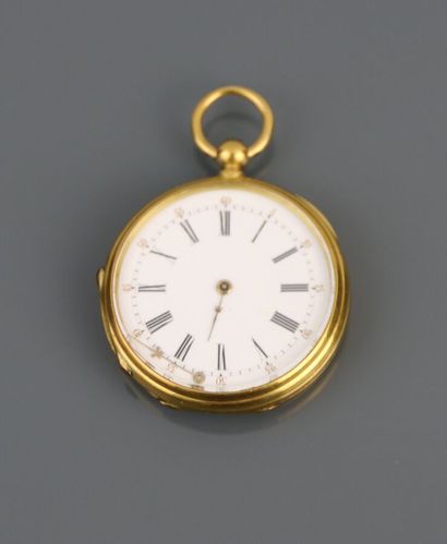 null Yellow gold 750°/°° collar watch, white enameled dial and Roman numeral hour...