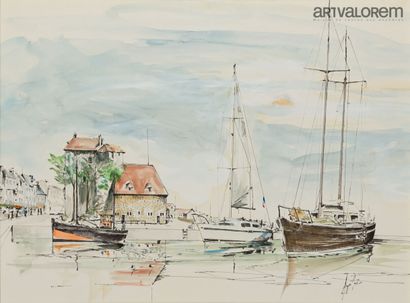null José AZOULAI (Né en 1925) 
Le port d'Honfleur, 
Aquarelle signée en bas. 
50...