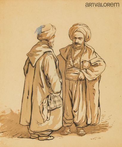 ÉCOLE FRANÇAISE DU XIXème siècle 
Deux orientalistes,
Encre...