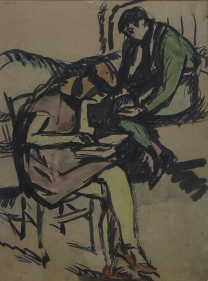 COUTURIER (XXème siècle)
Couple assis lisant,...