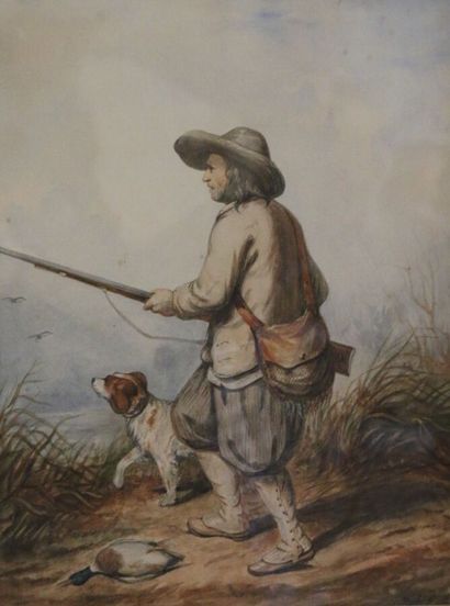 ECOLE XIXème siècle,
Chasseur et son chien,
Aquarelle...