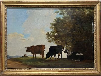 Ecole du XIXe siècle.
Quatre vaches et leur...