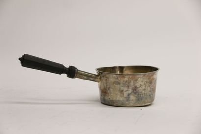 Silver sauce pan with blackened wooden handle.
Minerve...