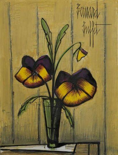 BUFFET Bernard (1928-1999) "Deux pensées, fond jaune", huile sur isorel, signé en...