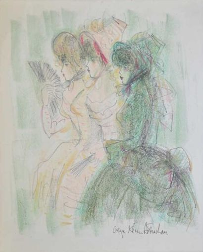 OLGA KLEIN ASTRACHAN Trois jeunes femmes dessin au pastel et feutre, signé en bas...