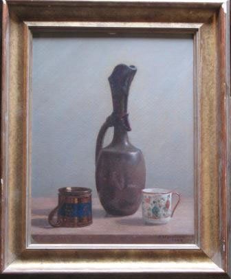 MORVILLIERS Roger (1895-1979) Nature morte au pichet et tasse Huile sur carton Signée...