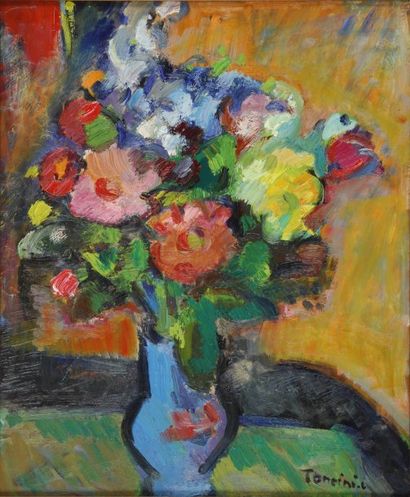 TONCINI Louis, né en 1907 Bouquet au vase bleu Huile sur isorel Signée en bas à droite...