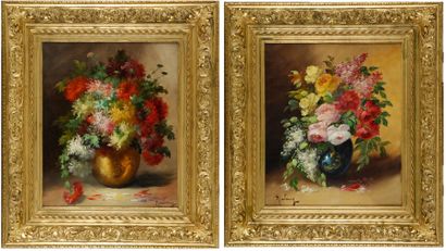 RAMBOURG, XIX-XXe siècle Bouquets champêtres Deux huiles sur toile formant pendant...