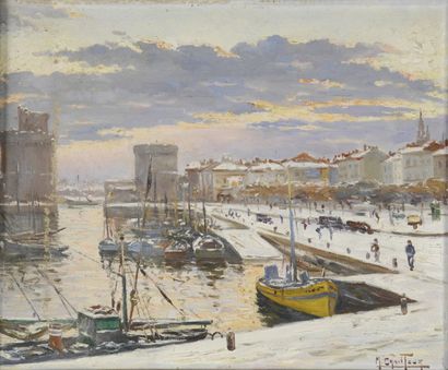 CHAILLOUX M., XXe siècle Le port de La Rochelle sous la neige Huile sur toile (accidents...