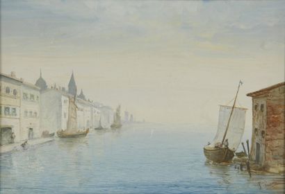 PASCAL P., XIXe siècle Un port méditerranéen Gouache (traces d'épidermures) Signée...
