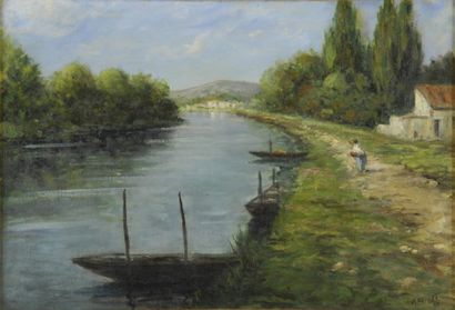 BROSSET A., début XXème siècle Chemin de hallage et barques à la rivière, 1951 Huile...