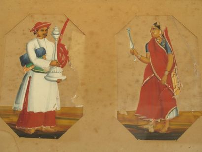 null Trois aquarelles Indiennes sur mica, présentant un porteur de narguilé et une...