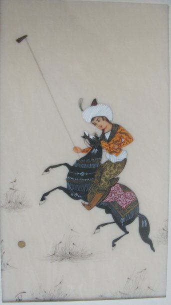 null Miniature Persane, joueur de Polo, aquarelle sur plaque de bacchélite, signée...