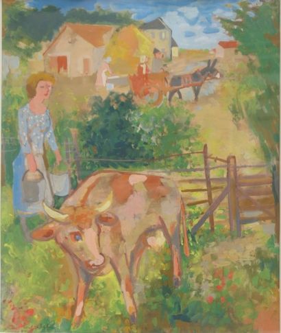 Charles WALCH (1898-1948) La fermière et sa vache Gouache Signée en bas à gauche...