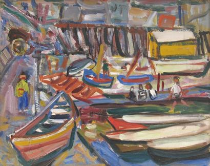 André BLONDEL (1909-1949) Le port de Sète Huile sur panneau peint au dos, signée...