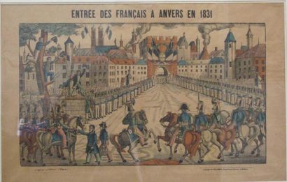 null Image d'Epinal réhaussée. Entrée des Français à Anvers en 1831. 38 x 60 cm (à...