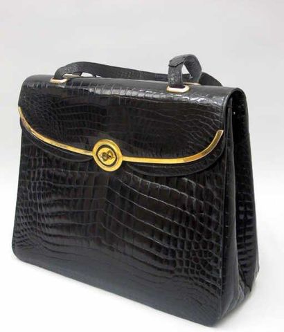 MORABITO Trés beau sac en croco noir, modèle unique, à deux anses, fermoir plaqué...