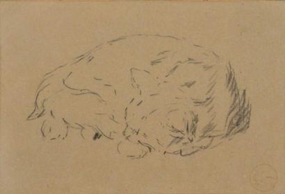 null DESSIN "LAMBERT Louis Eugène(1825-1900). ""Chat endormi"", crayon noir (légère...