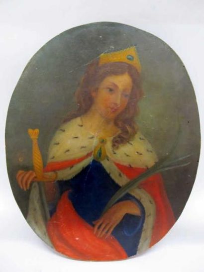 null TABLEAU ANCIEN "Portrait oval de reine à l'épée, huile sur bois.Dim: 41 x 32...