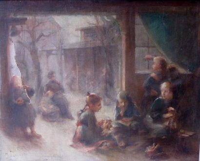 null TABLEAU MODERNE "DESAUTY Henriette, XIXe siècle, La cour de récréation à l'école...