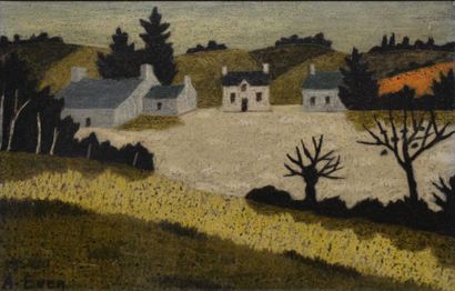 null TABLEAU MODERNE "EVEN André, 1918-1996, Hameau breton, peinture à la cire sur...