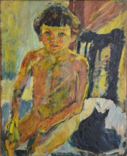 null TABLEAU MODERNE "VANIER Simon Claude. (1903-1958). ""Enfant au chat noir"",...