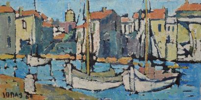 JONAS, XXe siècle Port du Midi, 1964, huile sur toile (craquelures et manques), signée...