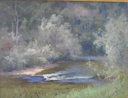 Ecole Moderne Paysage à la rivière. Huile sur panneau.26 x 34.5 cm