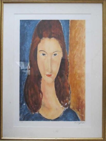 D'après Modigliani Portrait de femme sur fond bleu et jaune, reproduction numérotée...