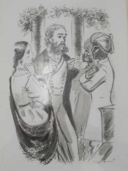 André DIGNIMONT Dessin sur papier au crayon et lavis. Couple discutant avec des Indiens,...