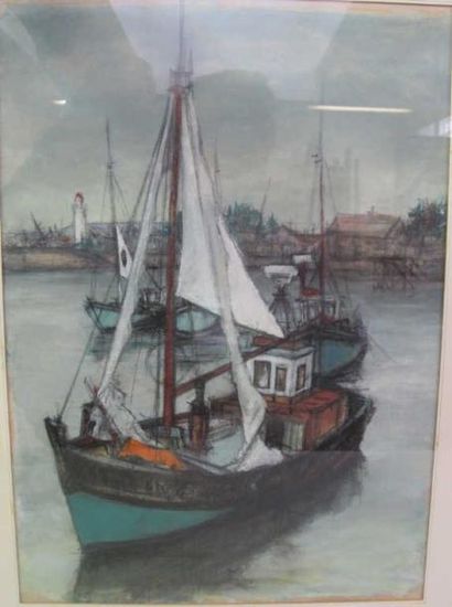 Westel Henri bâteaux au port. pastel et gouache, monogrammé W. 51 x 36 cm