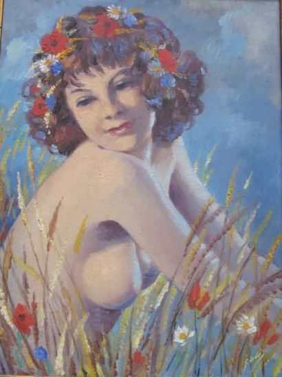 G.ARBOIS "Femme dénudée à la couronne de fleurs des champs" huile sur toile, signée...