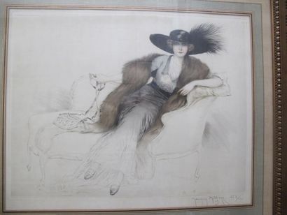 MILLIÈRE Maurice (1871-1946) Elégante au chapeau noir et au col de fourrure. Estampe...