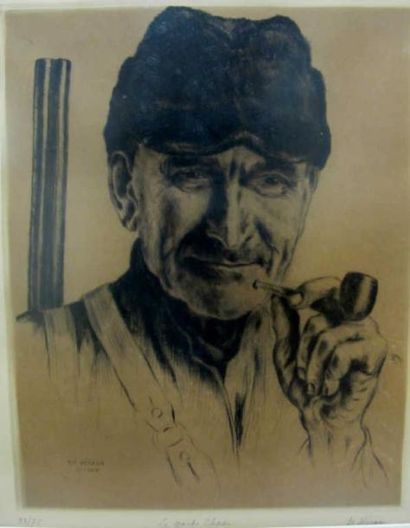 DE HERAIN François, (1877-1962) "Le garde-chasse, août 1924". Eau-forte en noir sur...