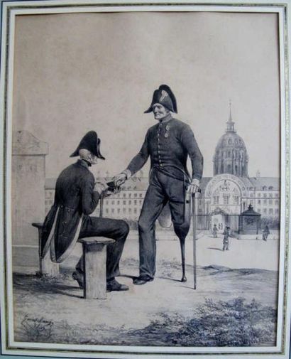 JANET LANGE Eau forte "Les invalides de guerre", signé, daté 1845. Dim: 34 x 27.5...