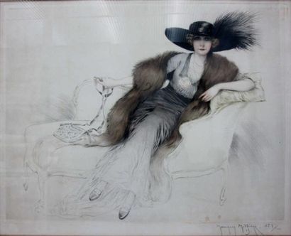 MILLIERE Maurice (18711946) Elégante au chapeau noir et au col de fourrure Estampe...