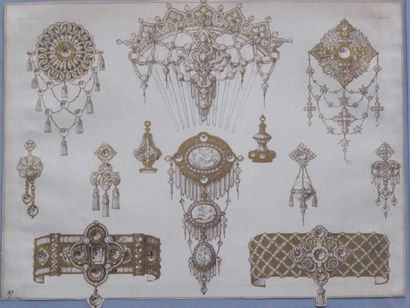 null Quatre planches de gravure sépia et dorées représentant des projets de bijoux...