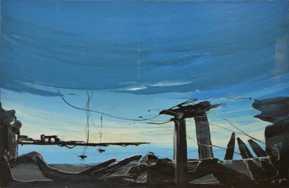 ALDINE, né en 1917 Paysage fantastique, 1972 Peinture sur toile (salissures et accidents),...