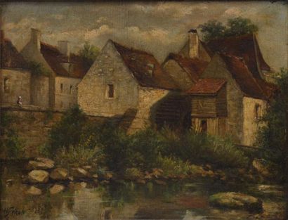 FERON HippolyteJulien (1864-1944) Maisons et rivière 1885 (?) Huile sur toile, signée...