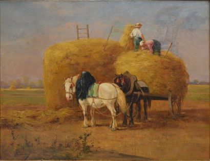 FROMENTIN Gustave Achille, 1818 - 1878 La fenaison huile sur toile (restauration...