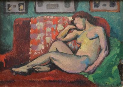 GERNEZ Paul Elie, 1888-1948 Nu au divan rouge Huile sur toile, signée en bas à droite...